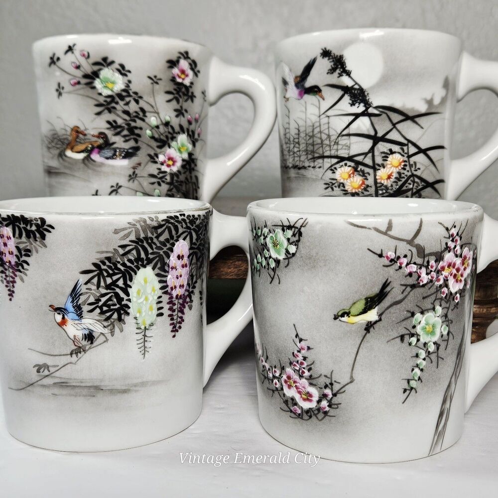 Vtg Set 4 Shozan Kutani Hand Painted Cups Mugs Japan Gold Oriental Floral Ducks